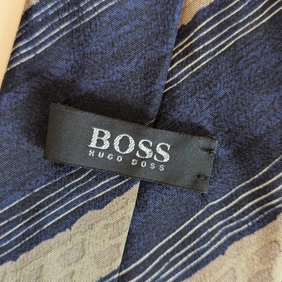 Hugo Boss Striped Blue and Beige Print Silk Tie - Made in Italy - Picture 6 of 7